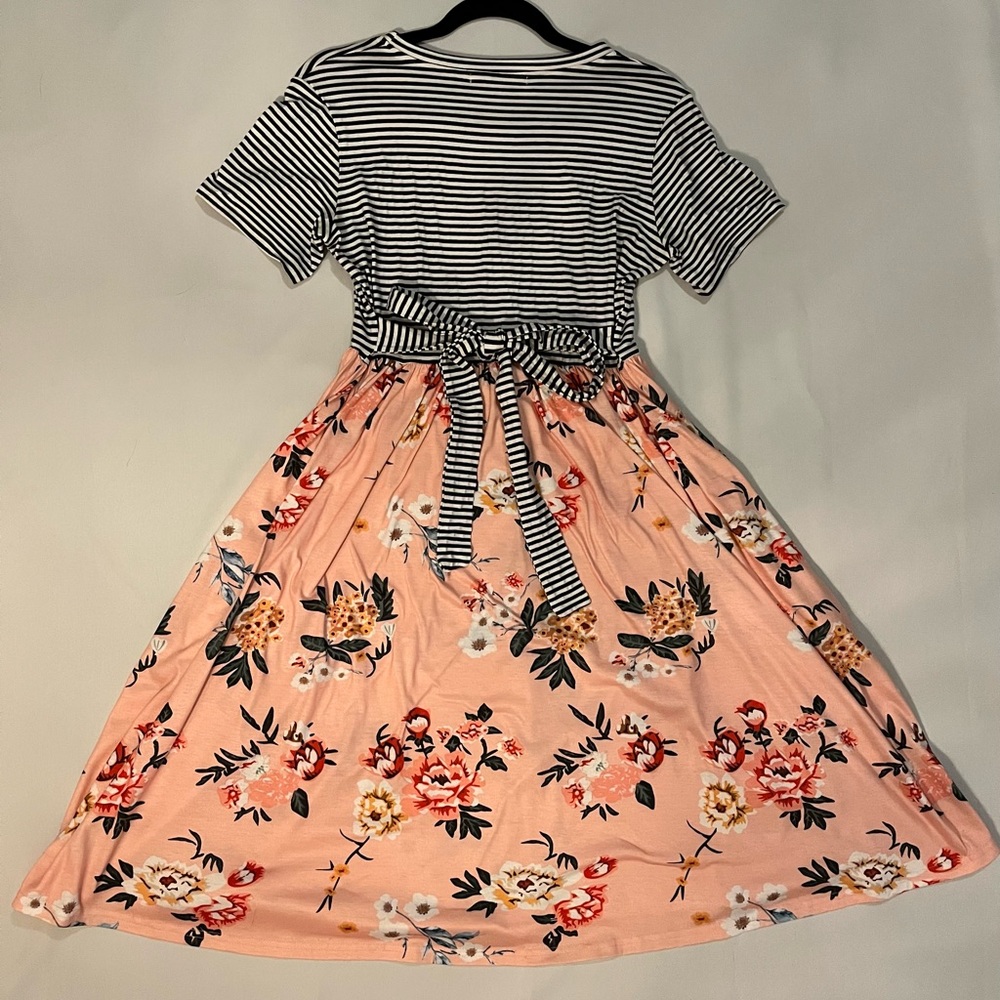 Striped & Floral Midi Dress with Tie Belt & Pockets